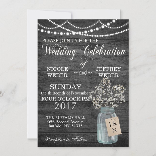 Rustic Barn Wedding Wood Mason Jar Babys Breath Invitation (Front)