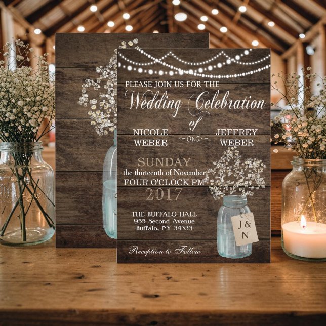 Rustic Barn Wedding Wood Mason Jar Babys Breath Invitation (Creator Uploaded)