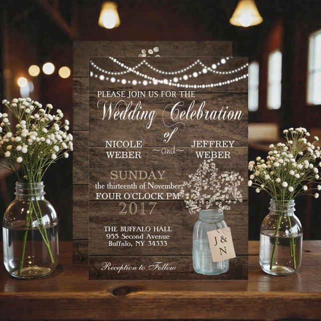 Rustic Barn Wedding Wood Mason Jar Babys Breath Invitation (Creator Uploaded)