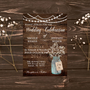 Rustic Barn Wedding Wood Mason Jar Babys Breath Invitation