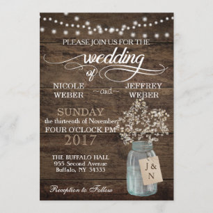 Rustic Barn Wedding Wood Mason Jar Babys Breath Invitation