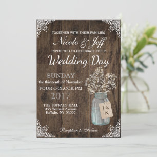 Rustic Barn Wedding Wood Mason Jar Babys Breath Invitation