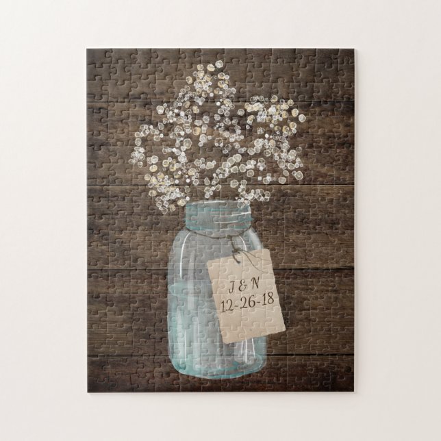 Rustic Barn Wedding Wood Mason Jar Babys Breath Jigsaw Puzzle (Vertical)