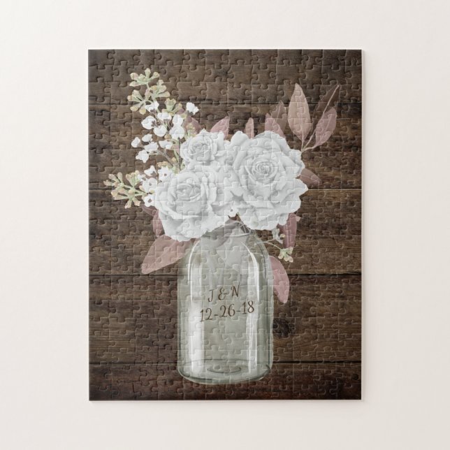 Rustic Barn Wedding Wood Mason Jar Babys Breath Jigsaw Puzzle (Vertical)
