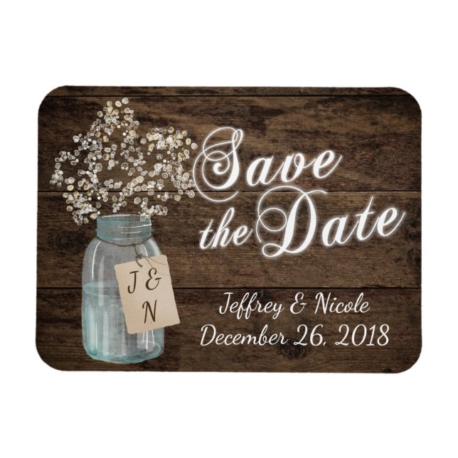Rustic Barn Wedding Wood Mason Jar Babys Breath Magnet (Horizontal)