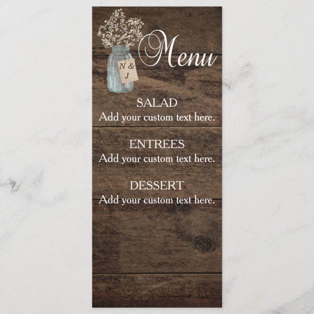 Rustic Barn Wedding Wood Mason Jar Babys Breath Menu (Front)