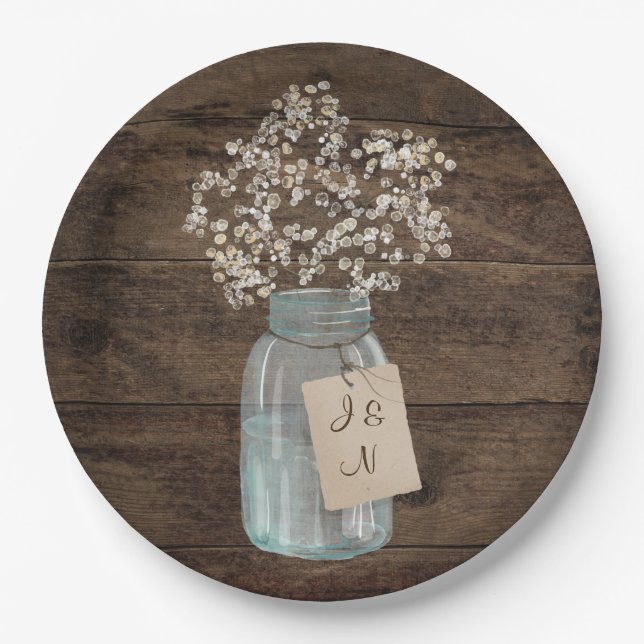 Rustic Barn Wedding Wood Mason Jar Babys Breath Paper Plate (Front)