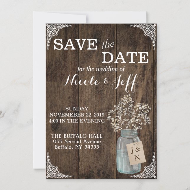 Rustic Barn Wedding Wood Mason Jar Babys Breath Save The Date (Front)