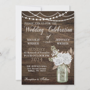 Rustic Barn Wedding Wood Mason Jar Floral Invitation