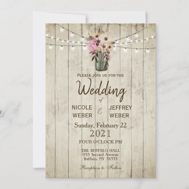 Rustic Barn Wedding Wood Mason Jar Invitation (Front)