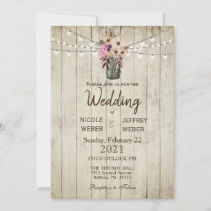 Rustic Barn Wedding Wood Mason Jar Invitation