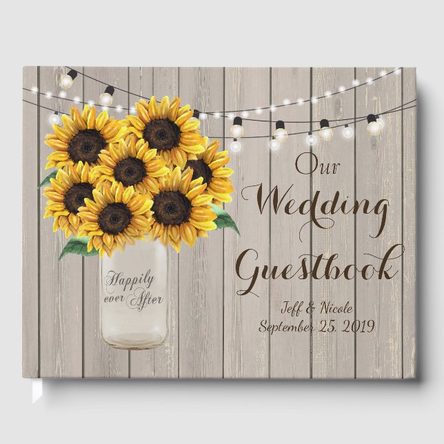 Rustic Barn Wedding Wood Mason Jar Sunflowers Guest Book (Front)