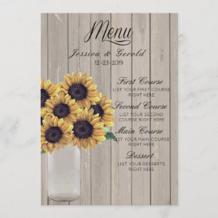 Rustic Barn Wedding Wood Mason Jar Sunflowers Menu