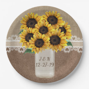 Rustic Barn Wedding Wood Mason Jar Sunflowers Paper Plate