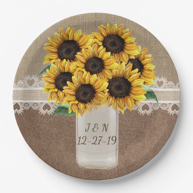 Rustic Barn Wedding Wood Mason Jar Sunflowers Paper Plate (Front)