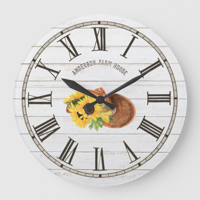 Rustic Barn White Wood Sunflowers Cowboy Hat Large Clock (Front)