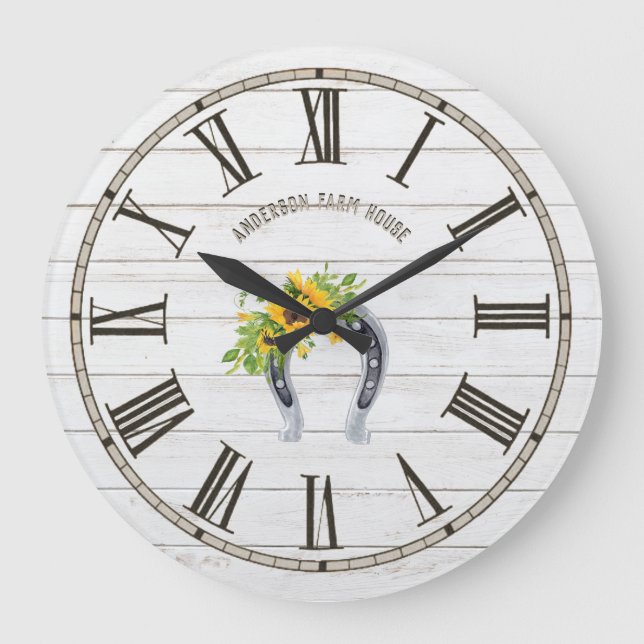 Rustic Barn White Wood Sunflowers Horseshoe Large Clock (Front)