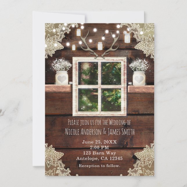 Rustic Barn Window Tree & Mason Jar Invitations (Front)