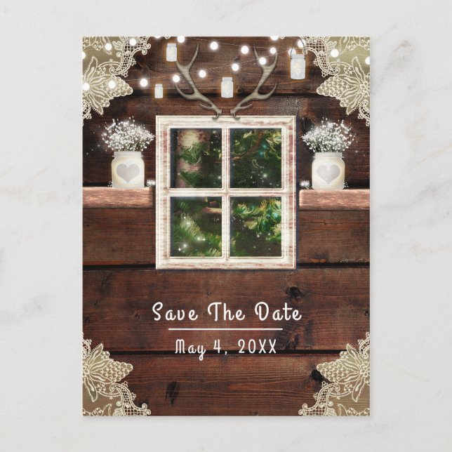 Rustic Barn Window Tree & Mason Jar Save the Date Announcement Postcard (Front)