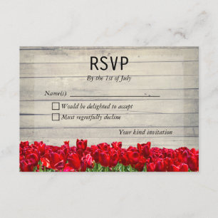 Rustic barn with red tulips response card