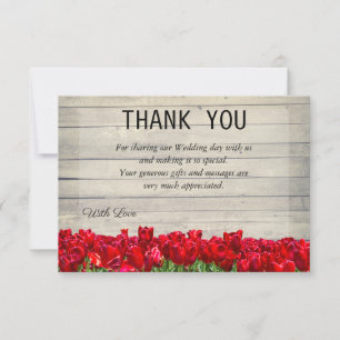 Rustic barn with red tulips thank you card