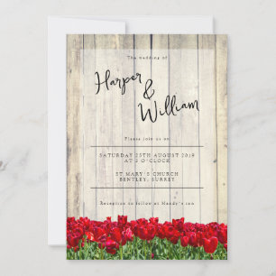 Rustic barn with red tulips wedding invitation