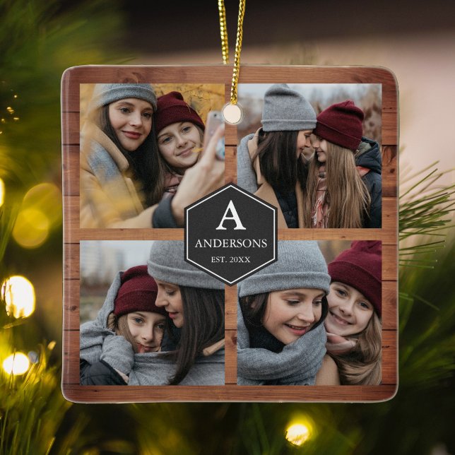Rustic Barn Wood 4 Pictures Family Photo Collage Ceramic Ornament (Creator Uploaded)