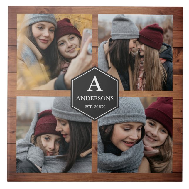 Rustic Barn Wood 4 Pictures Family Photo Collage Tile (Front)