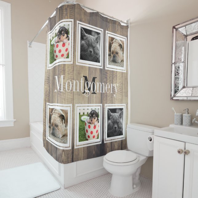 Rustic Barn Wood 6 Family Photos & Family Name Shower Curtain (In Situ)