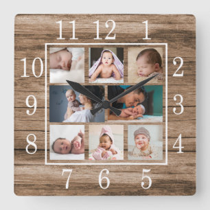 Rustic Barn Wood 8 Photo Collage Farmhouse Square Wall Clock
