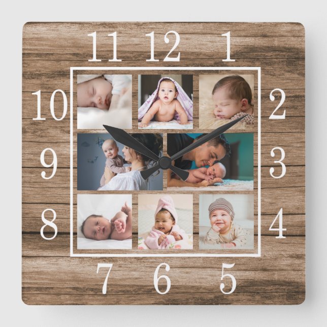 Rustic Barn Wood 8 Photo Collage Farmhouse Square Wall Clock (Front)