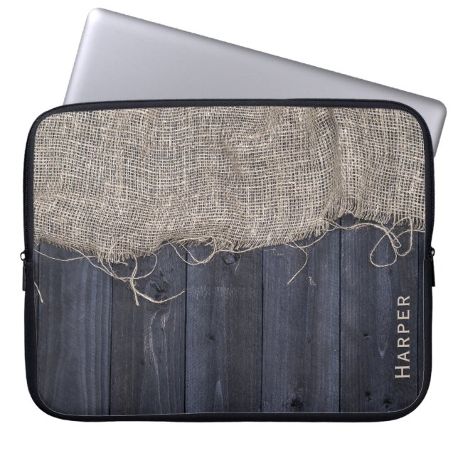 Rustic Barn Wood and Burlap Pattern with Name Laptop Sleeve (Front)