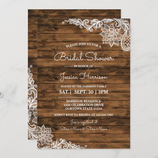 Rustic Barn Wood and Lace Bridal Shower Invitation (Front/Back)