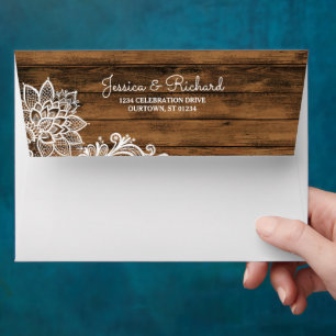 Rustic Barn Wood and Lace   Personalised Wedding Envelopes