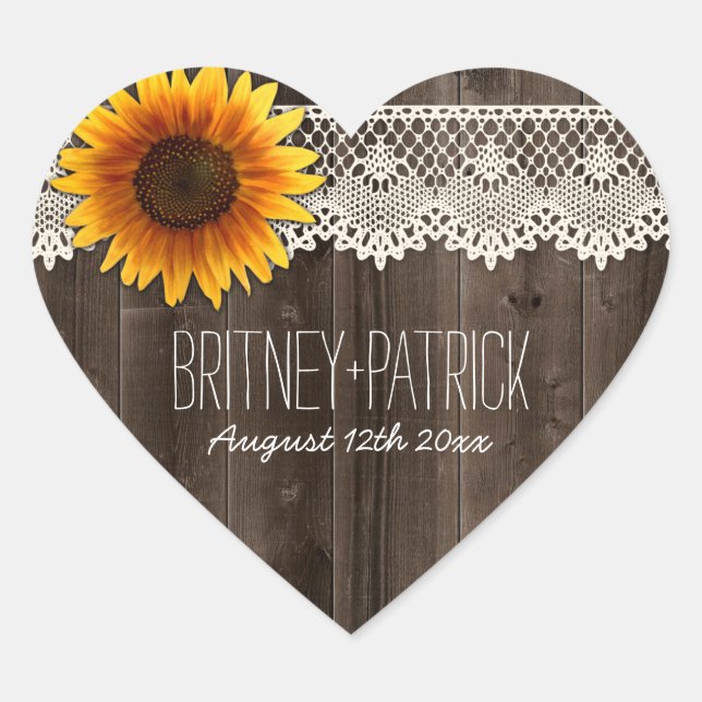 Rustic Barn Wood and Lace Sunflower Wedding Favour Heart Sticker (Front)