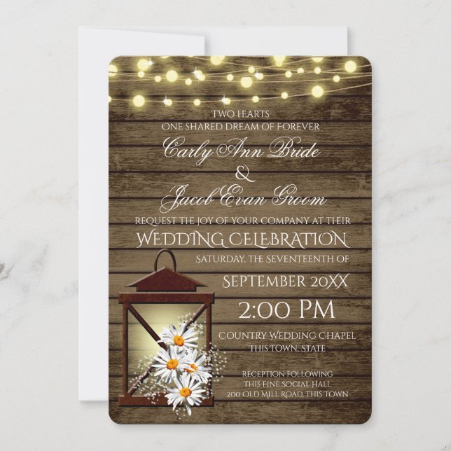Rustic Barn Wood and Lantern with Daisies Invitation (Front)