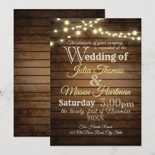 Rustic Barn Wood and String  Lights Wedding Invitation