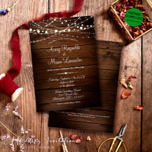 Rustic Barn Wood and String Lights Wedding Invitation