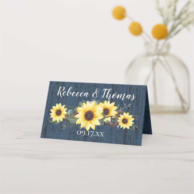 Rustic Barn Wood and Sunflowers Blue Place Card (Back)