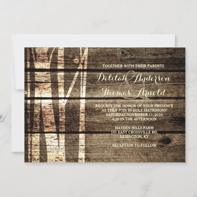 Rustic Barn Wood Birch Trees Winter Wedding Invite (Front)