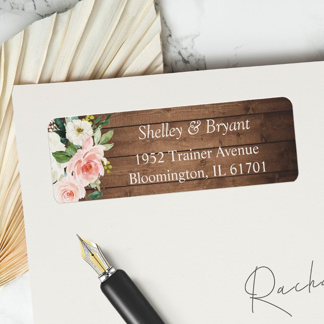 Rustic Barn Wood Blush White Floral Return Address (Creator Uploaded)