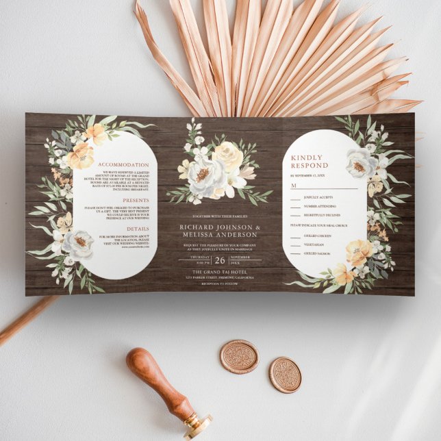 Rustic Barn Wood Boho Earthy Peach Floral Wedding Tri-Fold Invitation (Creator Uploaded)