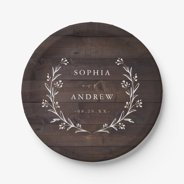 Rustic Barn Wood Boho Floral Country Wedding Paper Plate (Front)
