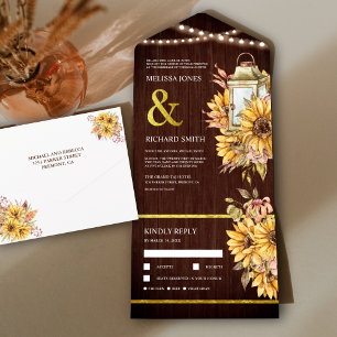 Rustic Barn Wood Boho Lantern Sunflowers Wedding All In One Invitation
