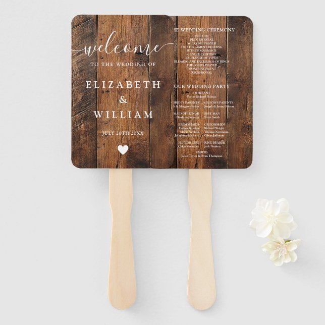 Rustic Barn Wood Boho Wedding Program Hand Fan (Front and Back)