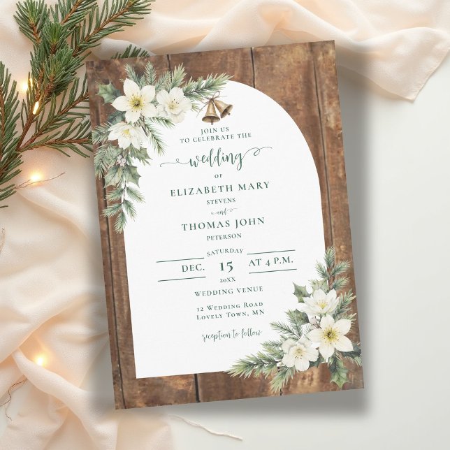 Rustic Barn Wood Botanical Arch Winter Wedding Invitation (winter wedding invitation rustic barn wood christmas roses greenery white hellebore bells elegant)