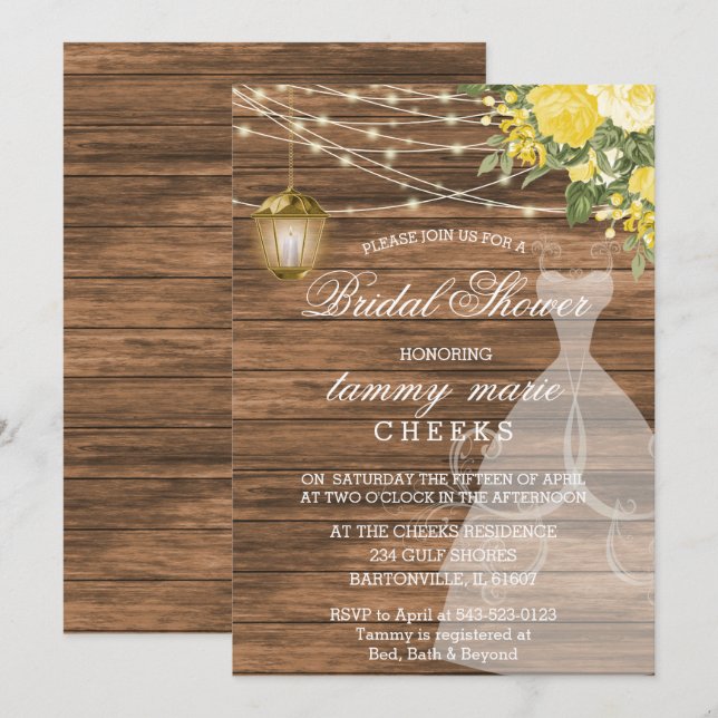 Rustic Barn Wood Bridal Shower - Yellow Invitation (Front/Back)