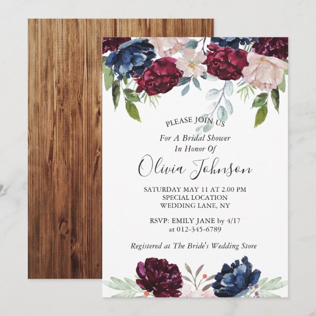 Rustic Barn Wood Burgundy Floral Bridal Shower Invitation (Front/Back)