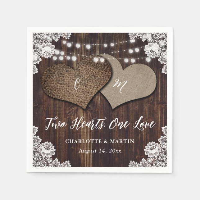 Rustic Barn Wood Burlap Lace Monogram Wedding Napkin (Front)