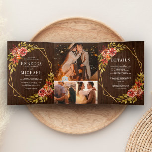 Rustic Barn Wood Burnt Orange Floral Frame Wedding Tri-Fold Invitation